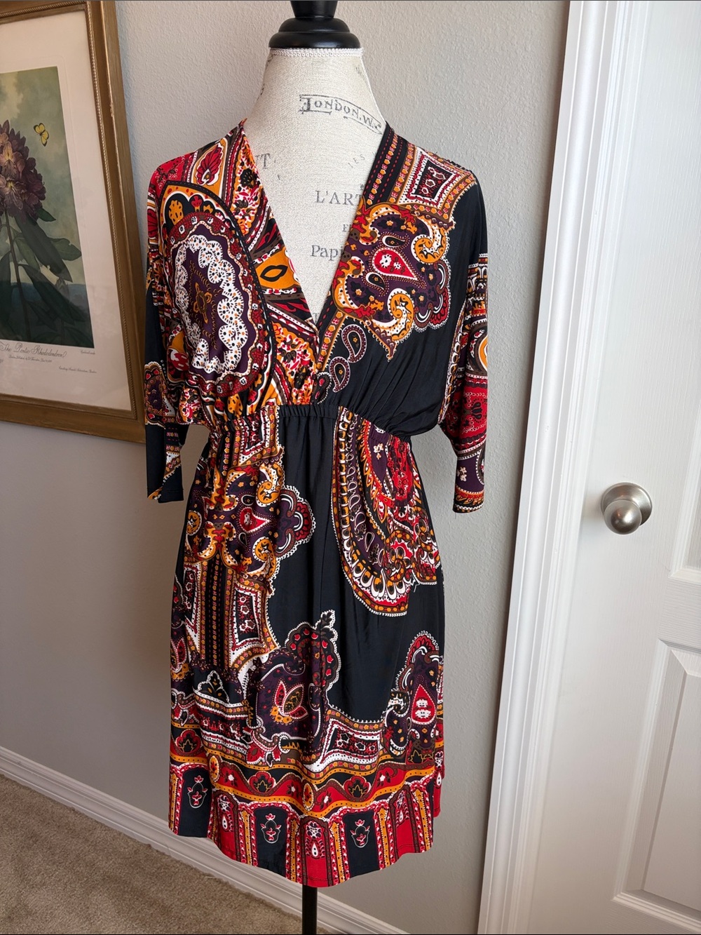 Cristinalove Black Paisley Midi Dress with Red and Gold Accents